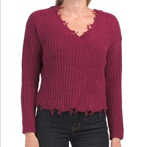 NEW! Moral Fiber Frayed Hem Double V-Neck Long Sleeve Knit Sweater Size …
